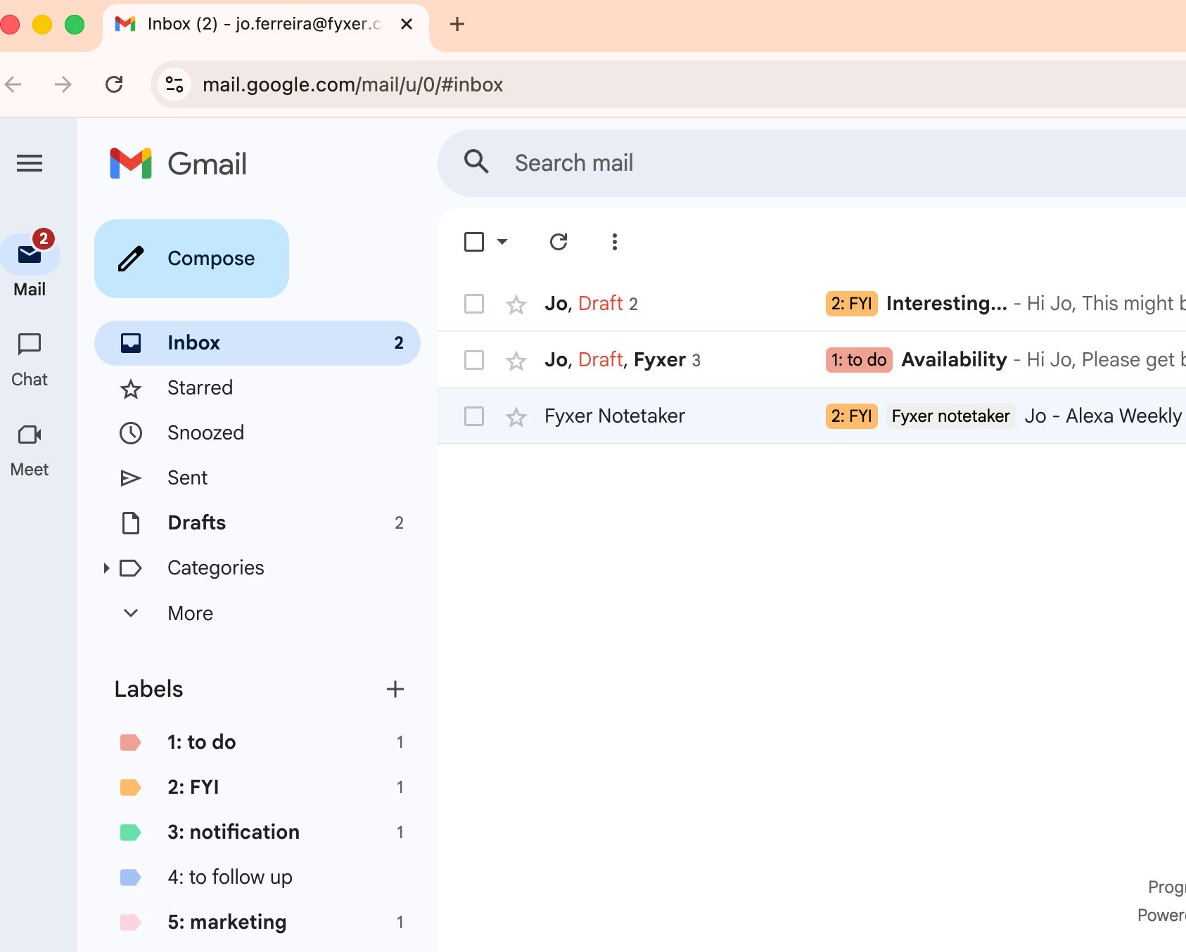 Screenshot of a Gmail inbox, with FYI and To do labels showing on emails in inbox.